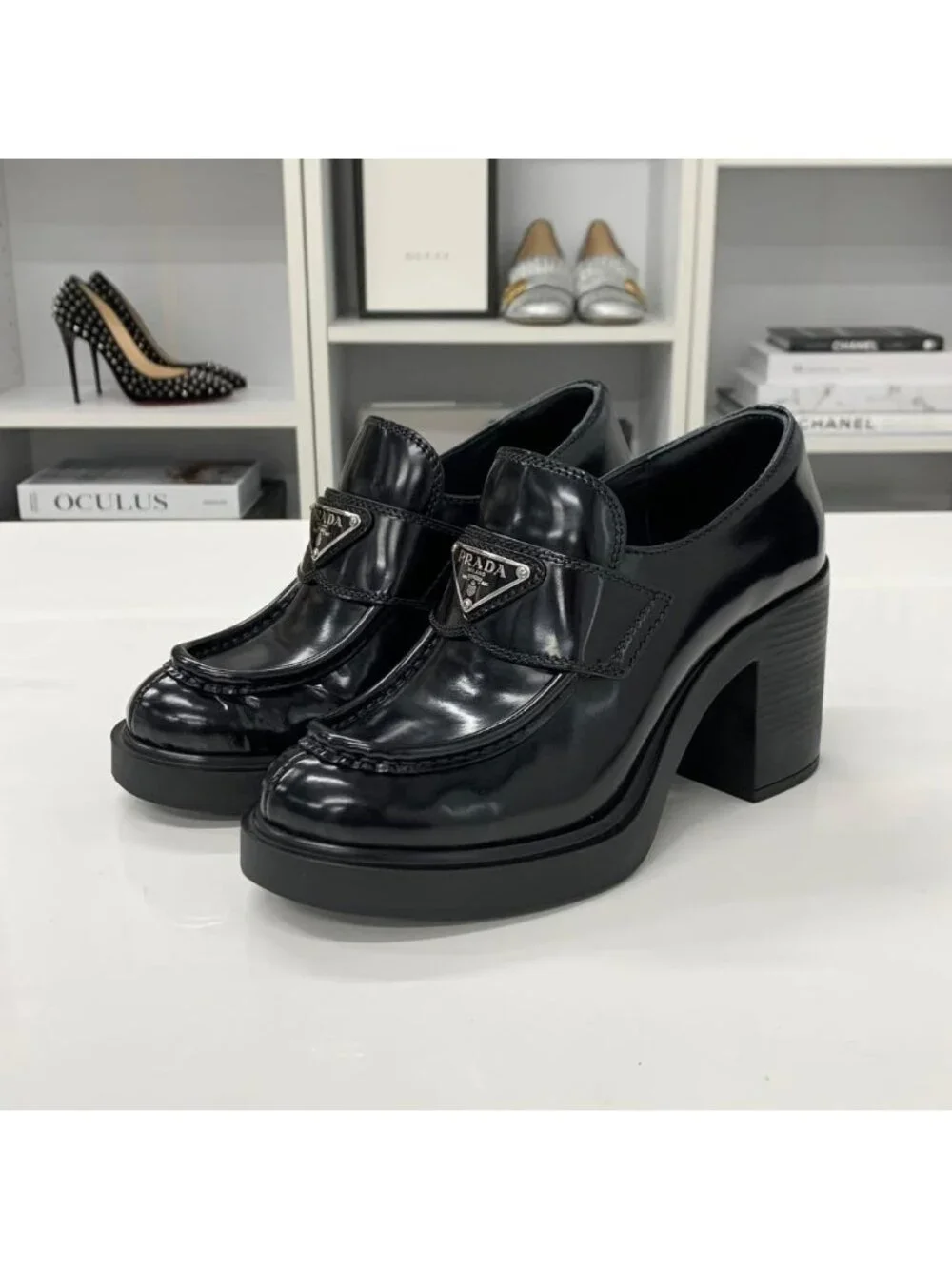 Prada Chocolate Triangle Logo Leather Heels Loafers Black